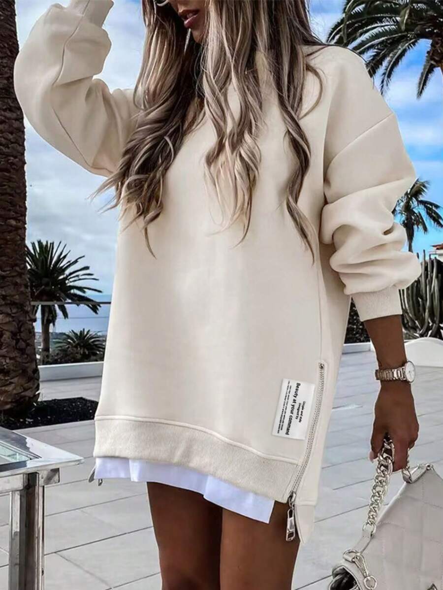 Long Sleeve Pullover Sweatshirt Zipper Slit Casual Dress - 杏色 - 查看 1