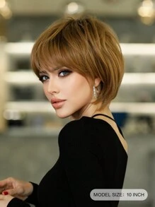 7JHH WIGS 10 英寸棕色精灵短发女士假发 - 优雅超短层次假发，带刘海发型，耐热合成纤维假发，适合日常佩戴、音乐节庆典等场合。动漫或角色扮演服装用假发配件 - 漸層棕色 - 查看 4