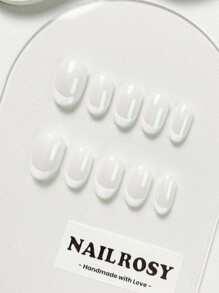 nailrosy 10片装手工美甲套装，短款杏仁形粉色白色法式镜面粉，优雅简约复古日系现代韩系清新设计，别致法式中性经典创意亮面闪亮渐变美甲套装，生日礼物婚礼美甲用品，手工美甲贴片 - 白色 - 查看 4
