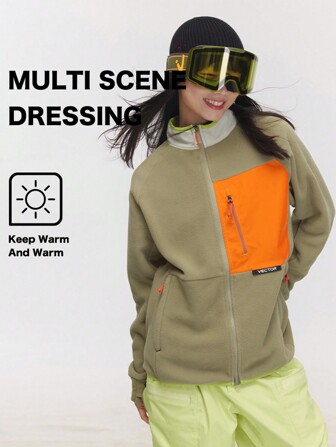 VECTOR MOTION Fleece outdoorjas met contrasterende kleuren, unisex, ski-onderlaag, winddicht, warm, vochtregulerend, ademend, lichtgewicht, comfortabel, voor eenpersoons-/tweepersoons ski's, skiën