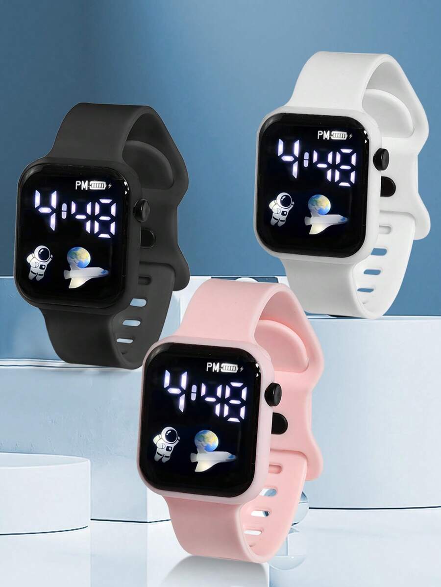 3 Stück/Pack Jugendlich & Studenten Cartoon Flugzeug Design Sport Lässig Elektronische Uhr, geeignet für den täglichen Gebrauch und verschiedene Kombinationen