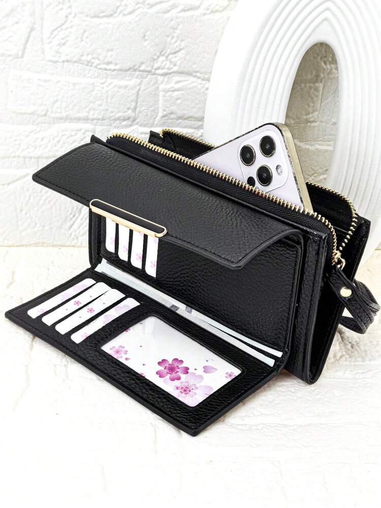 MINGYOU 新款女士折叠钱包，柔软PU材质，拉链设计，多功能大容量卡包零钱包，精致高品质，时尚休闲钱包，钥匙扣钱包，女士钱包，手拿包，长款钱包，腕包 - 黑色 - 查看 1