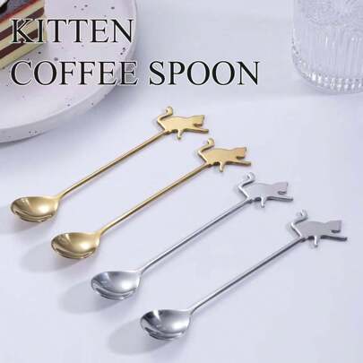 1/5/10 件银色猫形不锈钢咖啡/茶/甜点勺，适用于咖啡馆、餐厅、圣诞节返校