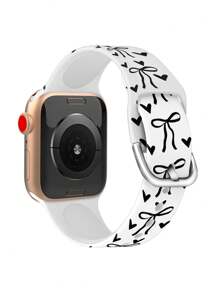 硅胶粉色蝴蝶结心形印花 Apple Watch 表带，适用于 38mm/40mm/41mm/42mm/44mm/45mm/49mm Apple Watch Ultra/SE/8/7/6/5/4/3/2/1 - 黑色 - 查看 2