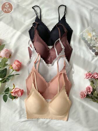 5 piezas Sujetador sin costuras de unicolor con borde concha para mujeres