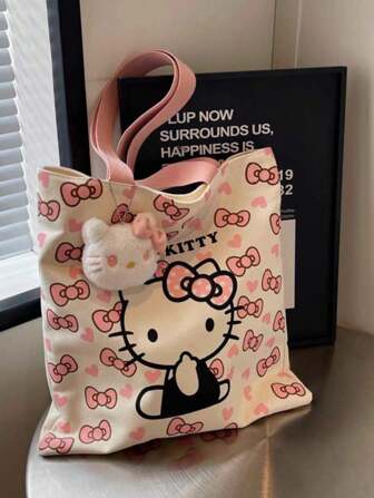 三丽鸥卡通Hello Kitty帆布包 小清新斜挎包 学生手提帆布包 手提包 大容量 上学通勤单肩托特包 多功能大容量学生通勤手提包 不含配件 清新可爱设计 单肩包 托特包 斜挎包 大容量 适合学生 通勤 上学 旅行 沙滩 露营 化妆 礼物 生日 婚礼 校园使用