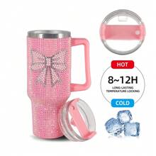 1 件 40 盎司/30 盎司不锈钢汽车杯，带钻石闪光隔热杯，带手柄和吸管，适用于汽车、旅行、生日礼物、送给朋友的新年礼物、情人节礼物 - 粉紅色蝴蝶結 - 查看 3