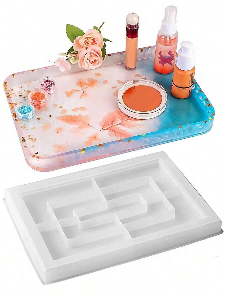 1 pièce Moule en silicone en résine, moule de plateau roulant rectangulaire, moule de coulée de résine avec support en bois amélioré, grand moule en résine pour support de bijoux DIY et plateaux décoratifs - Blanc - Voir 1