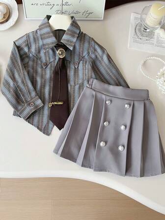 Girls Korean Style Set, Long Sleeve Blouse And Skirt With Tie, Fashionable Young Girl Girl Apparel