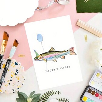 1 pieza Tarjeta de cumpleaños divertida con diseño de pez, con sobre, impresión de alta calidad, 6.29" X 4.33", hecha de papel de calidad premium, felicitación de cumpleaños universal para hombres, mujeres, familia y amigos, diseño versátil de pez y globo.