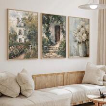 Set Of 3 Vintage Cottage Rose Garden Hydrangeas Oil Painting Print, Rustic Flower Wall Art, Botanical Canvas Poster, Neutral Spring Wall Decor, Ideal Gift For Living Room, Bedroom, Office, Dorm, Cafe, Bar, Hallway, Home And Room Decoration, Unframed Gifts Birthday Graduation