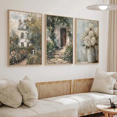 3幅复古乡村玫瑰园与绣球花油画，乡村风花卉墙饰，植物帆布海报，中性春季墙面装饰，客厅、卧室、办公室、宿舍、咖啡馆、酒吧、走廊、家居及房间装饰的理想礼物，不含画框