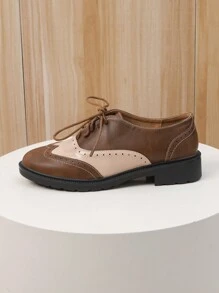 Dames veterschoenen met platte brogues Oxford, vintage kleurblok patchwork loafers, veelzijdige Britse stijl