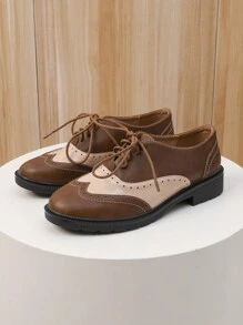 Dames veterschoenen met platte brogues Oxford, vintage kleurblok patchwork loafers, veelzijdige Britse stijl