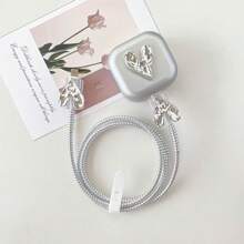 5pcs Heart/Bowknot/Snake Designed Data Cable Protector Cover, Compatible With IPhone, Compatible With 20W UK Plug Charger, Prevent Breakage - 062 Silver Heart-silver-white - View 6