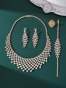 Juego de joyería de 4 piezas con exagerado y espectacular broche de gota de agua con borlas - collar, aretes, anillo, brazalete, chapado en cobre dorado con piedras de circonia, adecuado para bodas de mujeres, eventos formales