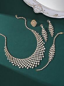 Juego de joyería de 4 piezas con exagerado y espectacular broche de gota de agua con borlas - collar, aretes, anillo, brazalete, chapado en cobre dorado con piedras de circonia, adecuado para bodas de mujeres, eventos formales
