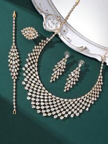 Juego de joyería de 4 piezas con exagerado y espectacular broche de gota de agua con borlas - collar, aretes, anillo, brazalete, chapado en cobre dorado con piedras de circonia, adecuado para bodas de mujeres, eventos formales