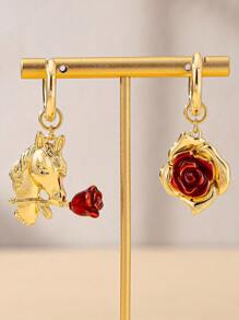 时尚花卉与动物不对称耳环和柔软项链套装，优雅珠宝配饰礼物，适合女性、派对和工作 - 彩色 - 查看 6