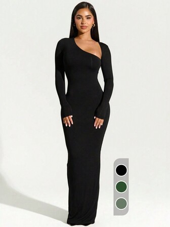 1pc Women's Solid Color Long Sleeve Oblique Collar Sexy Bodycon Open Back Maxi Party Dress