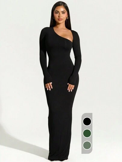 1 adet Kadın Düz Renk Uzun Kollu Eğik Yakalı Seksi Vücuda Oturan Açık Sırtlı Maxi Parti Elbisesi Günlük Siyah