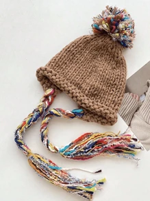 1pc Kids Tassel Braid Knitted Cap, Cute Ear Warmer Princess Beanie Hats For Boys And Girls, Autumn/Winter