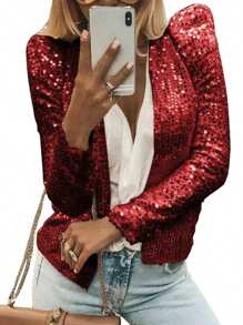 Women Sequin Jacket Solid Color Long Sleeve Open Front Crop Cardigan For Club Party - Red - View 2