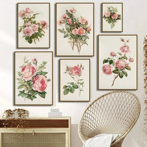 1pc Vintage Pink Roses Floral Poster Print Botanical Flowers Canvas Painting Wall Art Pictures For Cottage Living Room Home Decor No Framed