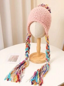 1pc Kids Tassel Braid Knitted Cap, Cute Ear Warmer Princess Beanie Hats For Boys And Girls, Autumn/Winter