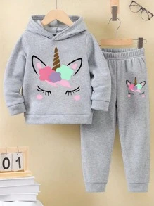 Young Girl' Unicorn Graphic Fleece Hooded Sweatshirt And Pants 2 Pieces Set, Casual Outfit For Autumn/Winter - Grey - View 1