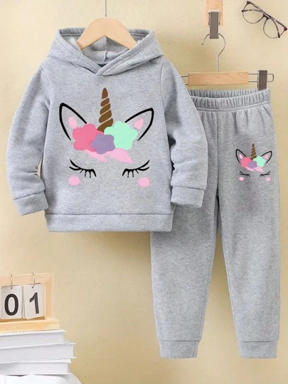 Young Girl' Unicorn Graphic Fleece Hooded Sweatshirt And Pants 2 Pieces Set, Casual Outfit For Autumn/Winter