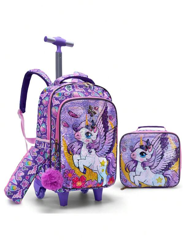 BLING BABIES Conjunto de 3 peças de mochila com rodinhas para meninas, roxa, fofa, desenho animado, lua, unicórnio, lantejoulas, design, bolsa para livros, para alunos do ensino fundamental, mochila escolar com rodinhas, lancheira e bolsa para caneta.