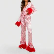 Women's Satin Pajama Set Heart Print Feather Trim Cuff Long Sleeve Button Shirt Long Pants Set Sleepwear Loungewear