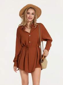 Women Jumpsuit, Long Sleeve Turn-Down Collar Button-Down Shirt Bodysuit Streetwear