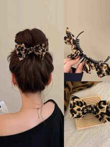 1pc Chic Leopard Print Bow Hair Claw, Large Chic Leopard Print Bow Hair Clip, Elegant Polyester & Spandex Bowknot Hair Clip, - Elegant Retro Double-Layer Big Bow Hair Clip Elegant Bow Ball Head Clip High Ponytail Fixed Clip, Vintage-Inspired Fabric Hair Claw For Ponytails & Updos, Y2K Inspired PVC Knot For Women, Perfect Gift Claw Clips Hair Claws Hair Barrettes
