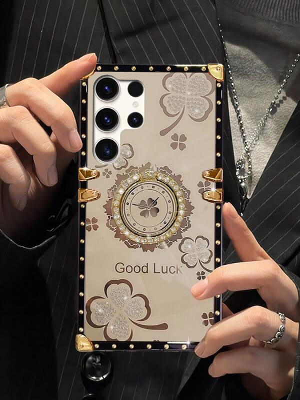 1pc Rectangle Fashion Phone Case With Rhinestone Clover Pattern, Unique Shiny, Artistic, Matte Black, Luxury, Minimalist, Brand New, High Quality, Retro, Elegant, Premium