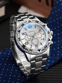 4pcs Set: Men's Business Casual Steel Strap 3-Eye Numeric Scale Large Dial Quartz Wrist Watch + Bracelet