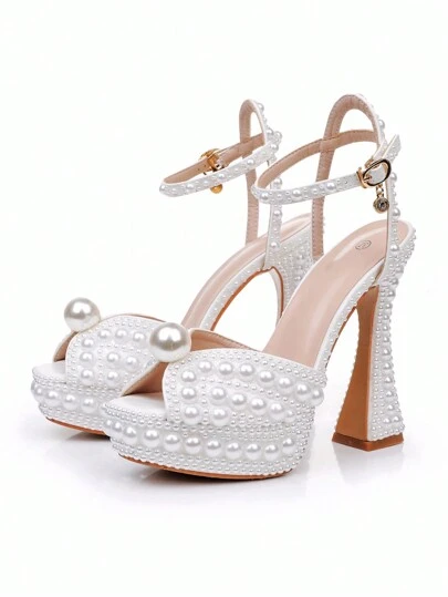 13厘米方头高跟凉鞋，细高跟，露趾，白色珍珠婚鞋，不对称鞋跟，适合婚礼、派对、宴会等场合