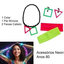 80s Vintage Neon New Wave Carnival Party Costume Accessory Kit: Hair Bands + Necklace + Earrings = 4 Products - A - 查看 3