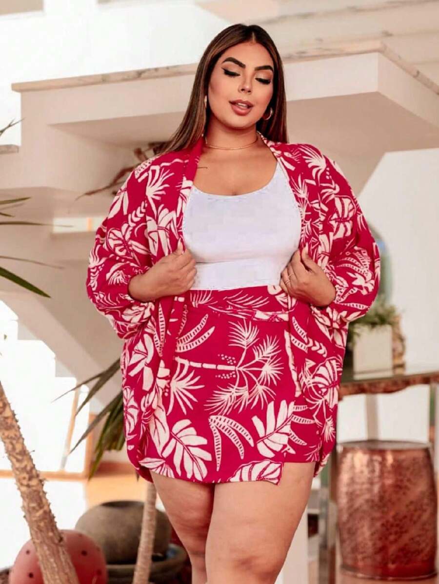 Plus Size 2-Piece Shorts And Kimono Set - Pink Floral - View 1