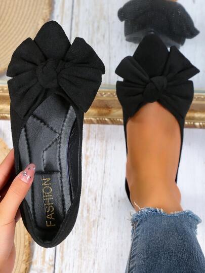 Flat Comfortable Shoes Women 2025 New Pointed Toe Rubber Sole Bowknot Black Versatile Work Loafers Valentines