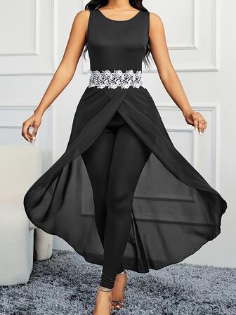 Casual Chiffon Patchwork Backless Bodycon Jumpsuit For Women