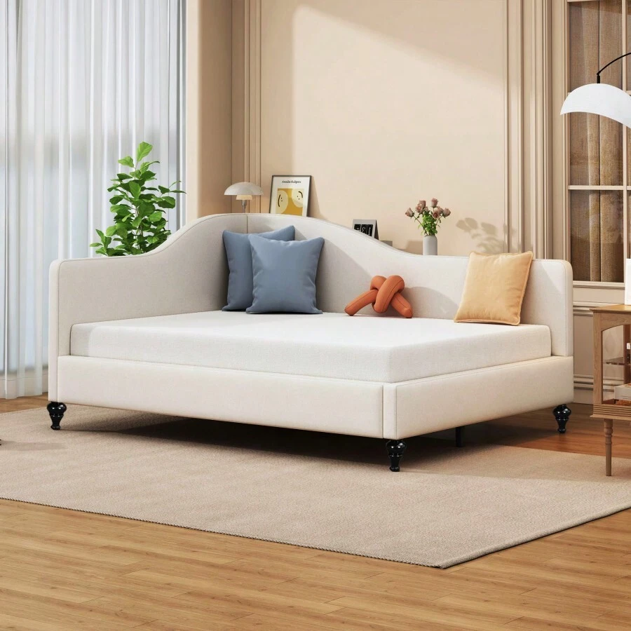 Full Size L-Shaped Linen Daybed With Solid Wood Legs Beige OLD SKU: SF000146AAA