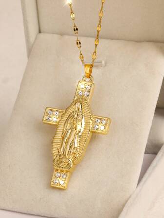 1pc Virgin Mary Cross Pendant Chain Necklace,Anniversary Birthday Party Personal Prayer Gift