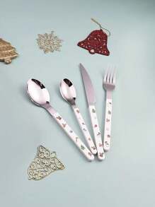 4 件套不锈钢圣诞餐具套装，圣诞主题刀叉勺 - 銀色 - 查看 4