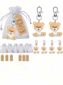18 sztuk/zestaw prezentów niedźwiedzi (6 uroczych breloków niedźwiedzi + 6 torebek + 6 etykiet z papieru kraft z podziękowaniami) Zestaw prezentów na przyjęcie w lesie - nadaje się do dekoracji na przyjęcie urodzinowe, pamiątkowe prezenty, zawieszka niedźwiedzia, brelok na przyjęcie, torba prezentowa