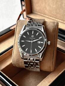 Pablo Raez 1pc Men's Watch Famous Brand New Luxury IPS Silver Plated Stainless Steel Case 50M Water Resistant Simple Calendar Clock Men's Solid Steel Metal Bracelet Heavy Chain Casual Fashion Quartz Watch For Man Arabic Numeral & Steel Bar Scales Black White Dial With Date High Level AAA Business Wristwatch For Daily Use Gift For Father Or Male Friend Birthday Presents - Black - View 4