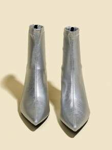 Fall/Winter 2025 Women's Silver Patent Leather Ankle Boots & Booties, 7cm High Heels, Elastic Slim Shaft Comfortable Fashion Boots, High Heel Pumps,Kitten Heels,Party Outfits - Silver - View 3