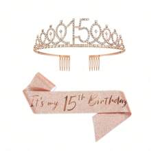 2 件/套 10 岁/11 岁/15 岁/16 岁/18 岁/21 岁生日腰带和头饰玫瑰金生日腰带皇冠 10 岁和精美腰带和头饰 10 岁生日礼物，适合 10 岁生日快乐派对礼品用品、圣诞节 - 玫瑰金 - 查看 7
