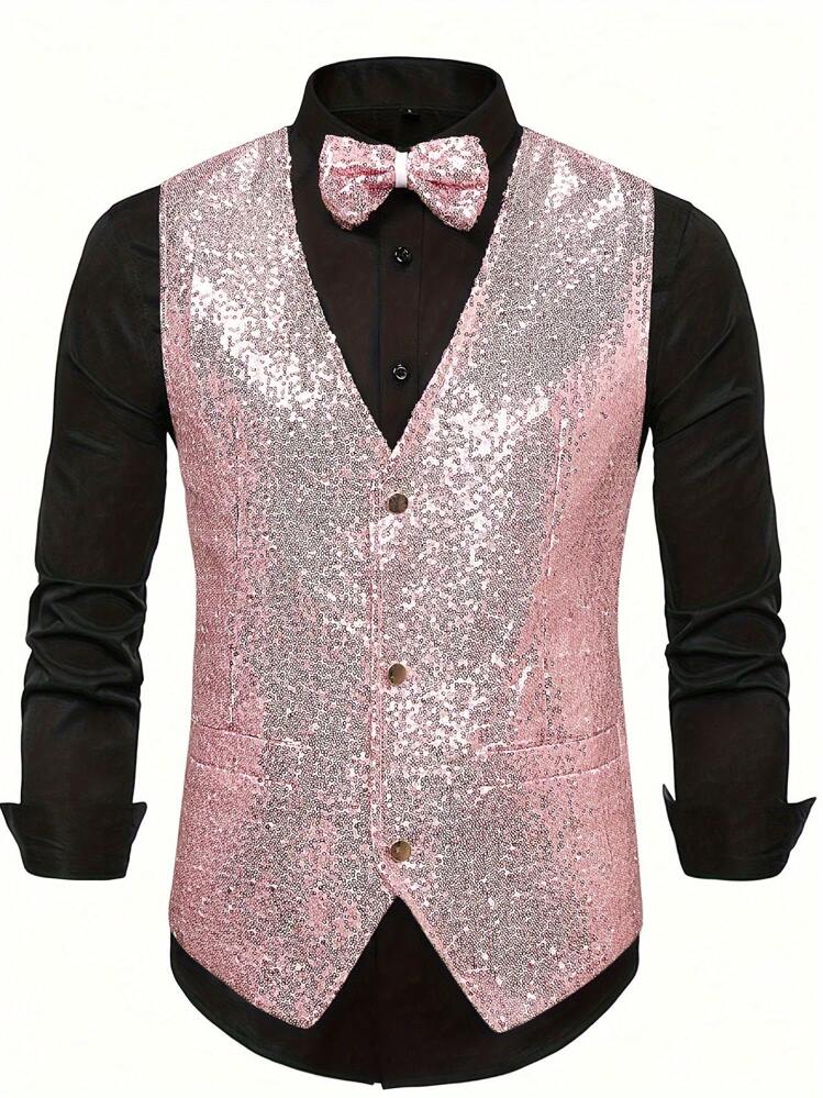 Gilet da uomo con paillettes lucide, slim fit, formale con papillon, gilet da smoking senza maniche, gilet scintillante per eventi, ideale per matrimoni e spettacoli teatrali, Rosso, S